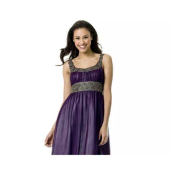 Adrianna Papell Floor Length Silk Beaded Sequined Evening Formal Dress Plum - Picture 1 of 11